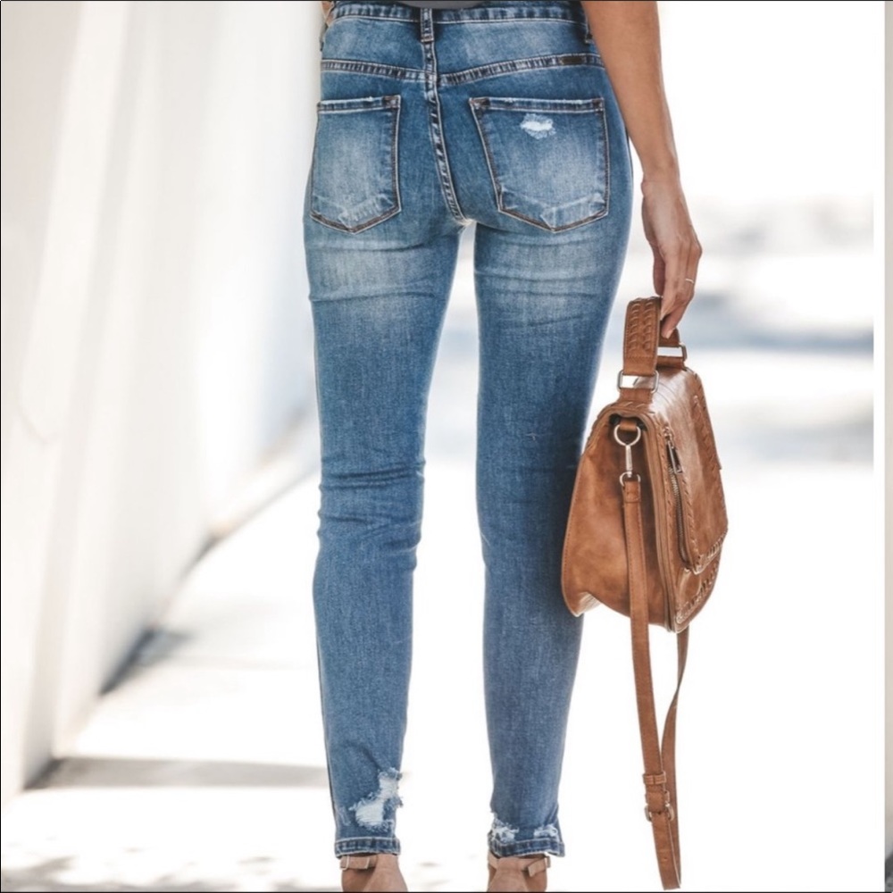 High Rise Distressed Ripped Denim Jeans Skinny - Picture 3 of 9